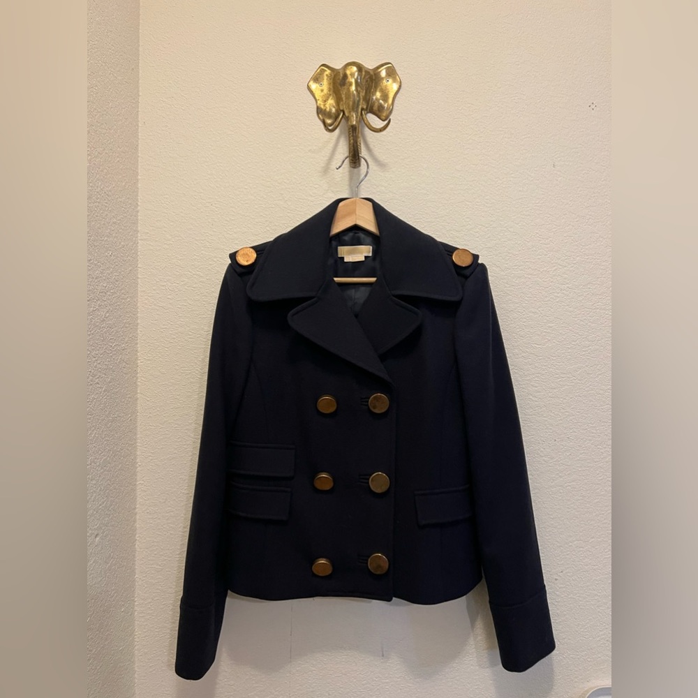 NWOT MICHAEL KORS NAVY WOOL BLEND PEA COAT SIZE10 MADE IN ITALY GOLD BUTTONS